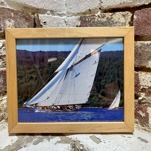 Vintage Framed Yacht Photograph Measures 11.25 x 9.25 x 1 inches.